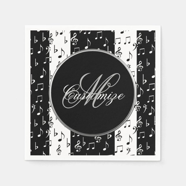 Monogrammed Black & White Musical Stripes Napkins (Front)
