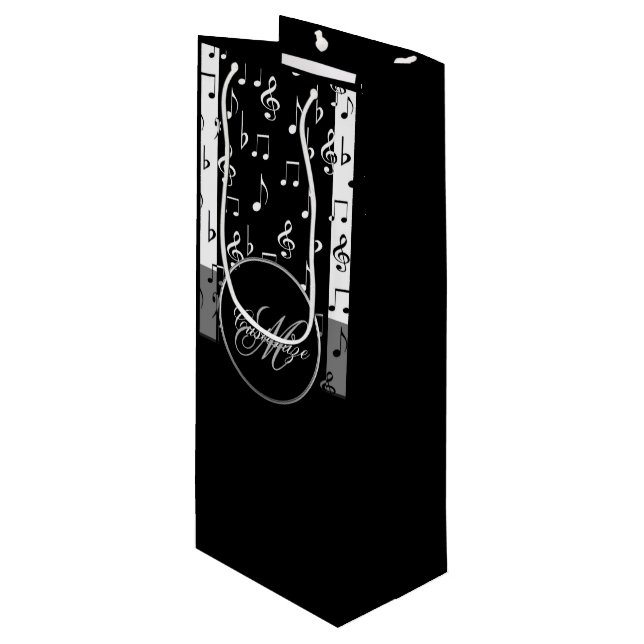 Monogrammed Black & White Musical Stripes Wine Gift Bag (Front Angled)