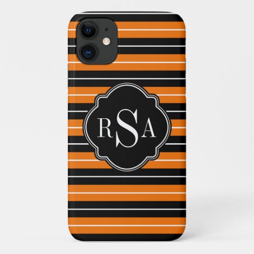 Monogrammed Black White Orange Striped Pattern iPhone 11 Case