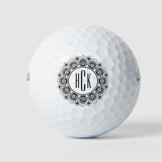Monogrammed black & white ornate mandala golf balls (Front)