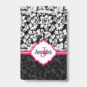 Monogrammed Black White & Pink Damask Badge