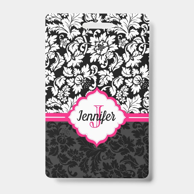Monogrammed Black White & Pink Damask Badge (Front)