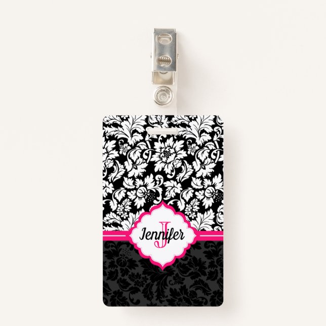 Monogrammed Black White & Pink Damask Badge (Front with Clip)