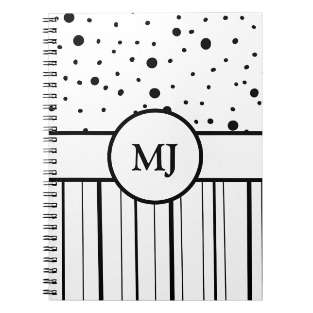 Monogrammed Black White Polka Dots and Stripes Notebook (Front)