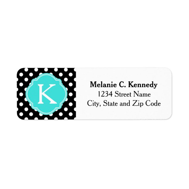 Monogrammed Black White Polka Dots Blue Quatrefoil Label (Front)