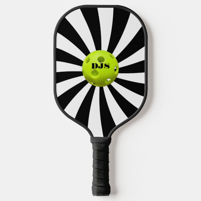 Monogrammed Black, White Starburst Striped Pickleball Paddle (Front)