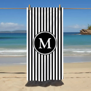 Monogrammed Black & White Stripes Beach Towel