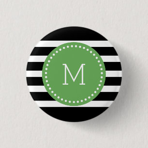 Monogrammed Black & White Stripes & Green Accent Button