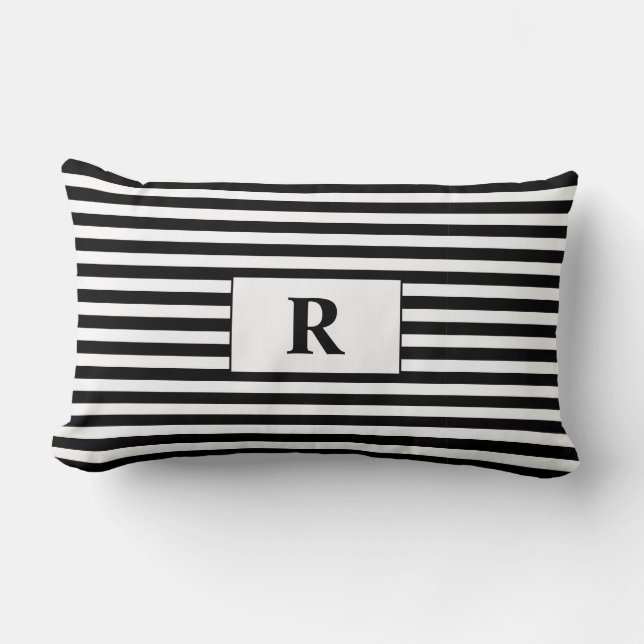 Monogrammed Black/White Stripes Lumbar Pillow (Front)