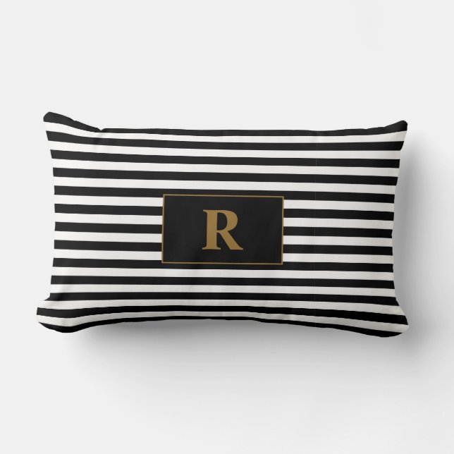 Monogrammed Black/White Stripes Lumbar Pillow (Front)