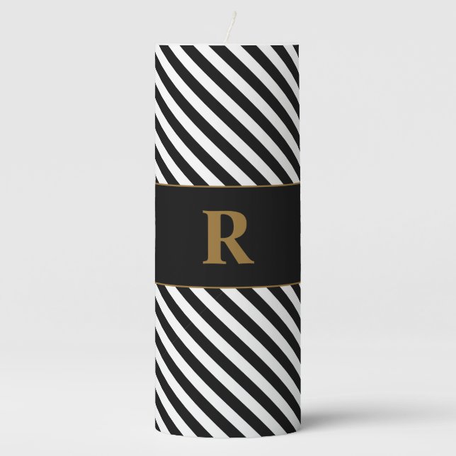 Monogrammed Black/White Stripes Pillar Candle (Front)