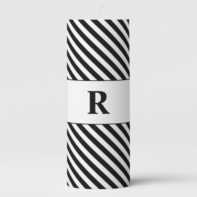 Monogrammed Black/White Stripes Pillar Candle (Front)