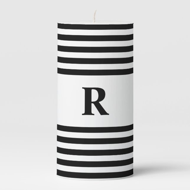 Monogrammed Black/White Stripes Pillar Candle (Front)
