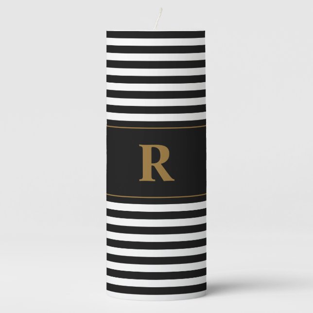 Monogrammed Black/White Stripes Pillar Candle (Front)