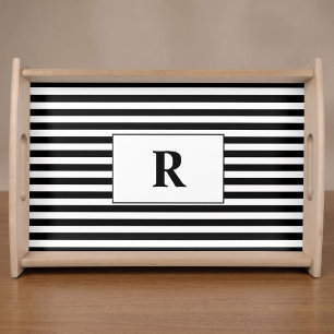 Monogrammed Black/White Stripes Serving Tray