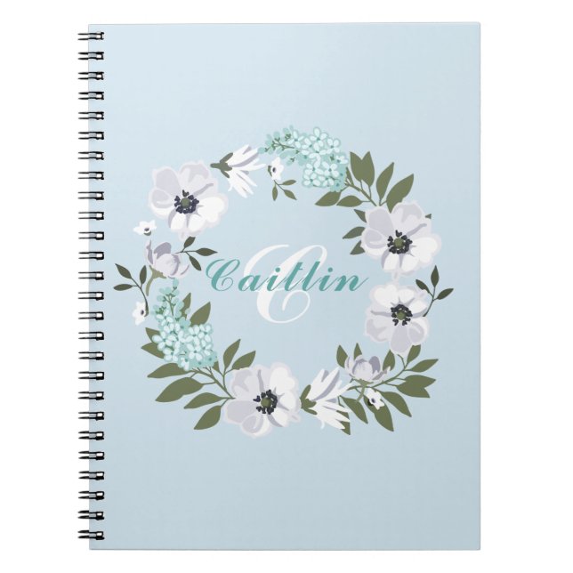 Monogrammed Black, White & Teal Floral Design Notebook (Front)