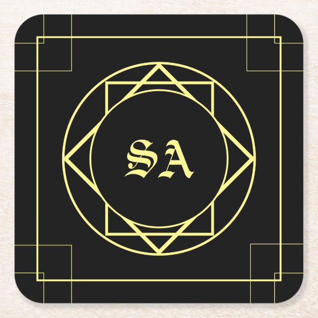 Monogrammed Black Yellow Geometric Pattern Modern Square Paper Coaster (Front)
