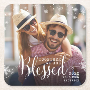 Monogrammed Blessed Together Photo Winter Holidays Square Paper Coaster