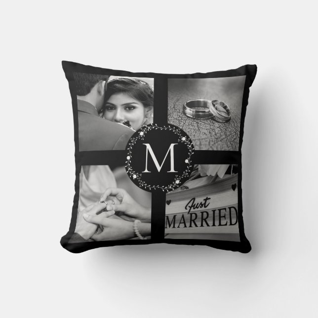 Monogrammed blk collage wreath with name, Est date Throw Pillow (Front)