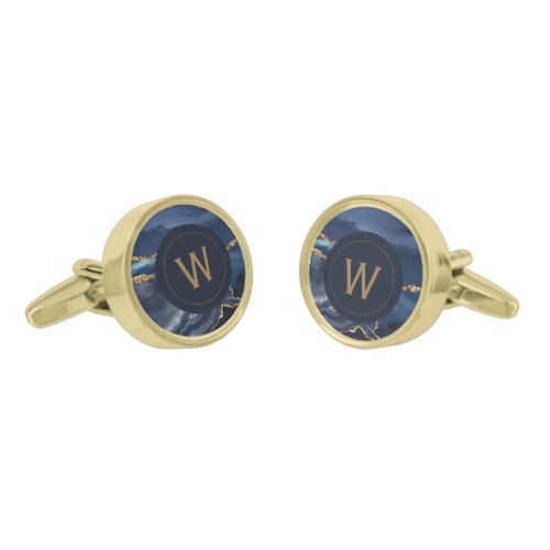 Monogrammed Blue Agate Gold Round Cufflinks