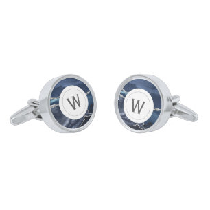 Monogrammed Blue Agate Silver White Round Cufflinks
