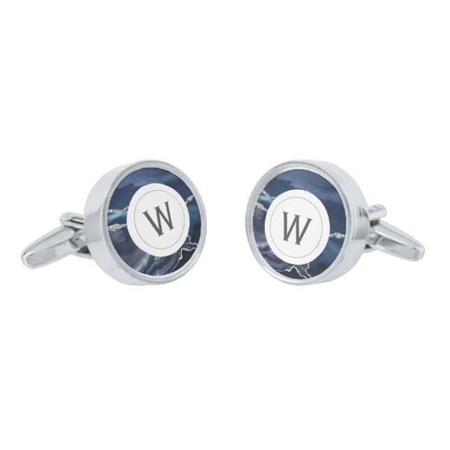 Monogrammed Blue Agate Silver White Round Cufflinks (Angled)