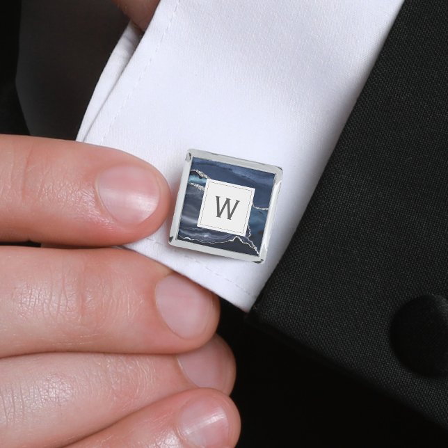 Monogrammed Blue Agate Silver White Square Cufflinks (Creator Uploaded)