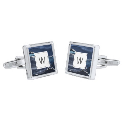 Monogrammed Blue Agate Silver White Square Cufflinks