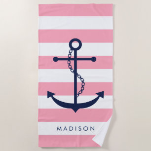 Monogrammed Blue Anchor on Pink Stripes Beach Towel