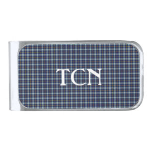 Monogrammed Blue and Brown Plaid Silver Finish Money Clip