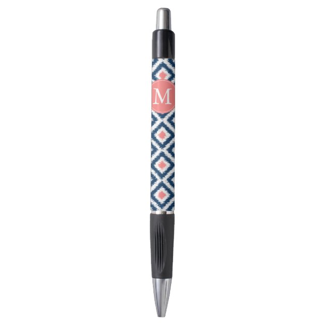 Monogrammed Blue and Coral Diamonds Ikat Pattern Pen (Front Vertical)