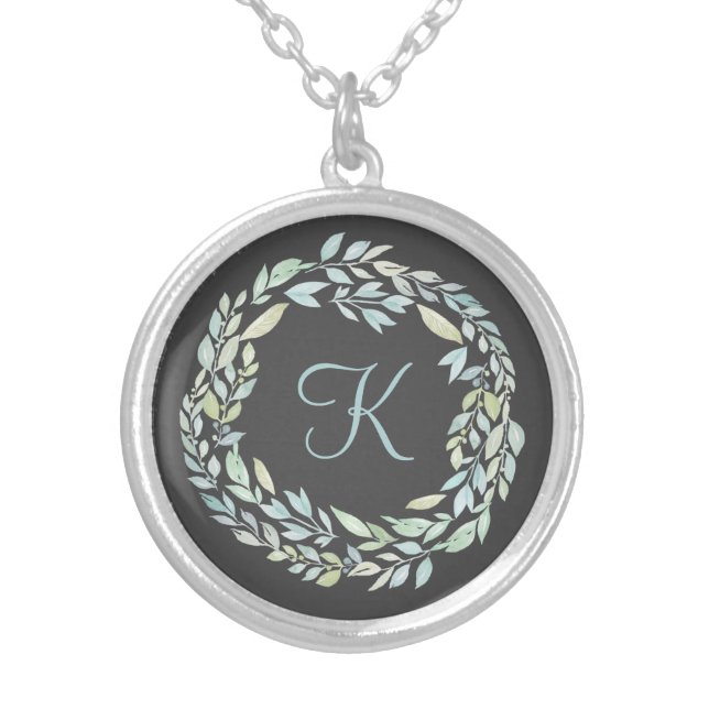 Monogrammed Blue and Green Floral Wreath  Silver Plated Necklace (Front)