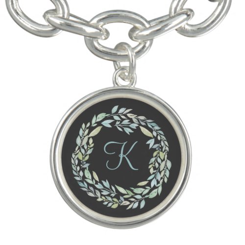 Monogrammed Blue and Green Gray Floral Wreath  Bracelet