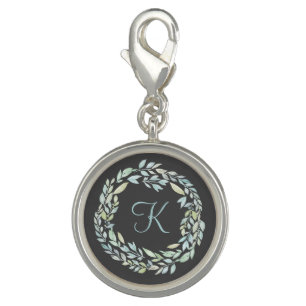 Monogrammed Blue and Green Gray Floral Wreath Charm