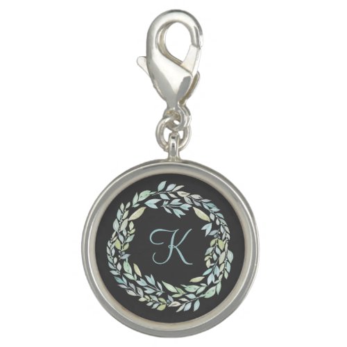 Monogrammed Blue and Green Gray Floral Wreath  Charm