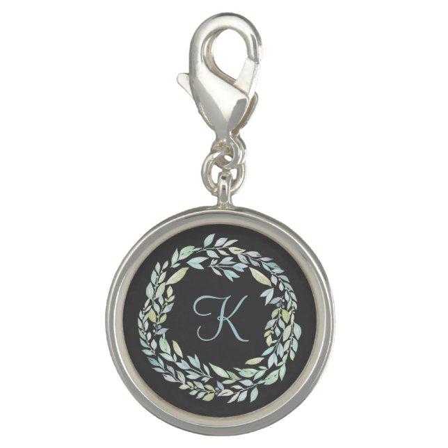 Monogrammed Blue and Green Gray Floral Wreath  Charm (Front)