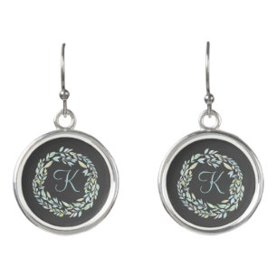 Monogrammed Blue and Green Gray Floral Wreath Earrings