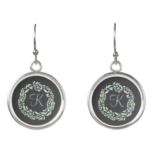 Monogrammed Blue and Green Gray Floral Wreath  Earrings