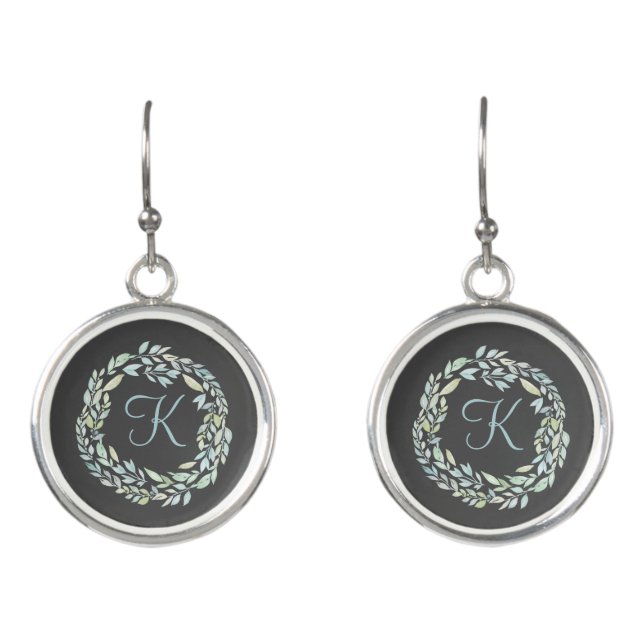 Monogrammed Blue and Green Gray Floral Wreath  Earrings (Front)