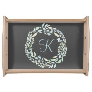 Monogrammed Blue and Green Gray Floral Wreath Serving Tray