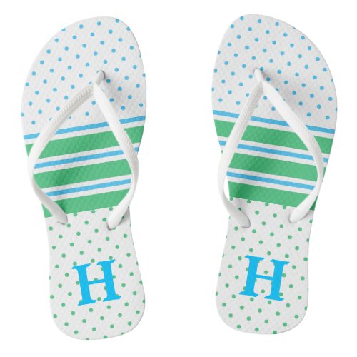 Monogrammed Blue and Green Pattern Flip Flops