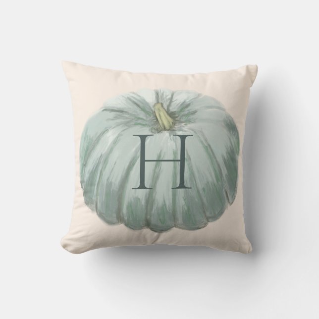 Monogrammed Blue and Ivory Fall Pumpkin Throw Pillow (Front)