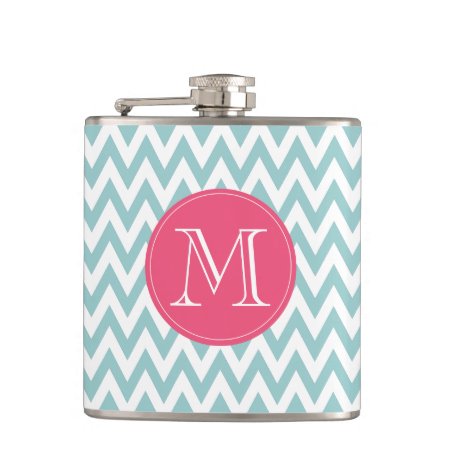 Monogrammed Blue And Pink Chevron Flask