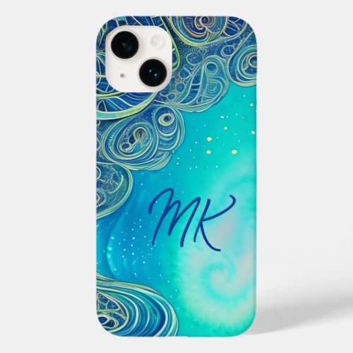 Monogrammed Blue and Teal Abstract Art Case_Mate iPhone 14 Case