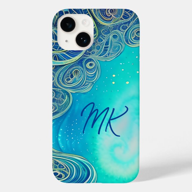 Monogrammed Blue and Teal Abstract Art Case-Mate iPhone Case (Back)
