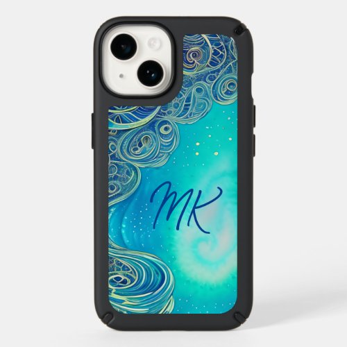 Monogrammed Blue and Teal Abstract Art Speck iPhone 14 Case