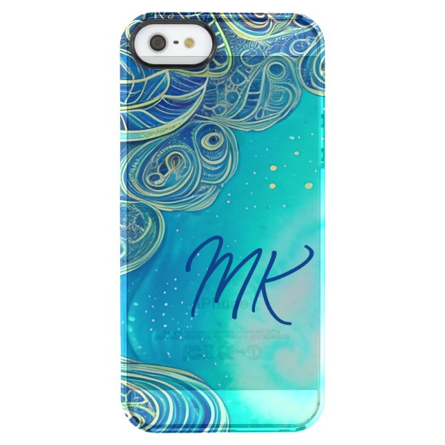 Monogrammed Blue and Teal Abstract Art Uncommon iPhone Case (Back)