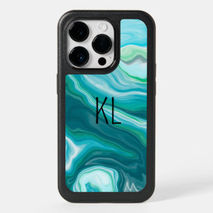 Monogrammed Blue and Teal Green Ocean Marble Art OtterBox iPhone 14 Pro Case