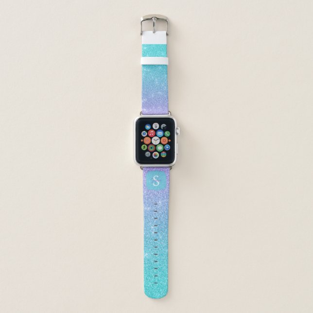 Monogrammed Blue And Violet Ombre Faux Glitter  Apple Watch Band (Front)