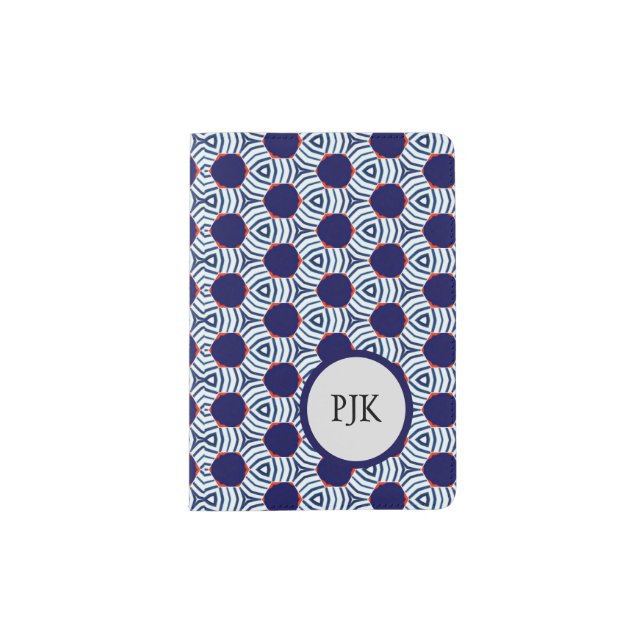 Monogrammed Blue and White Geometric Passport Holder (Front)